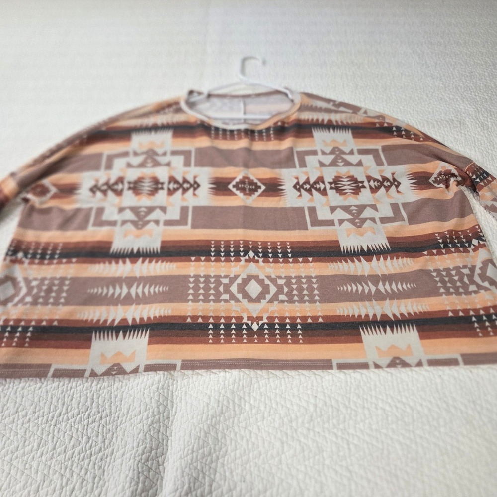 Southwestern‎ Aztec Print Oversized Boxy Long Sleeve Top Brown Tan Orange Medium